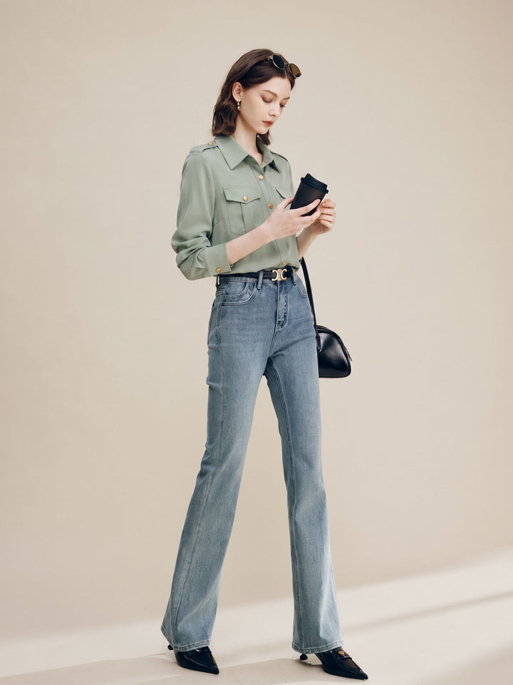 30 Momme Women’s Silk Crepe Utility Shirt with Flap Pockets