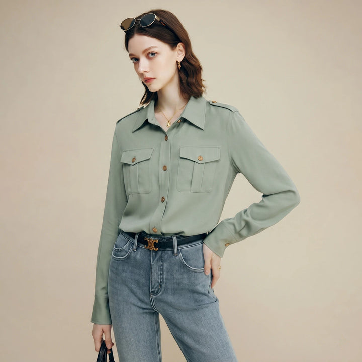 30 Momme Women’s Silk Crepe Utility Shirt with Flap Pockets