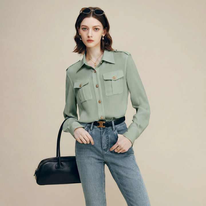 30 Momme Women’s Silk Crepe Utility Shirt with Flap Pockets
