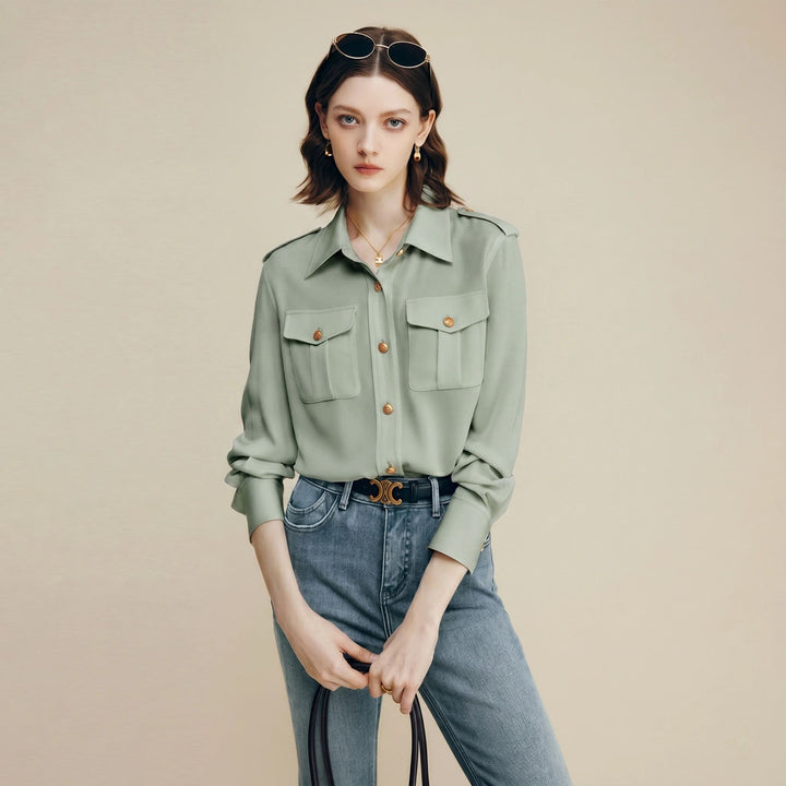 30 Momme Women’s Silk Crepe Utility Shirt with Flap Pockets