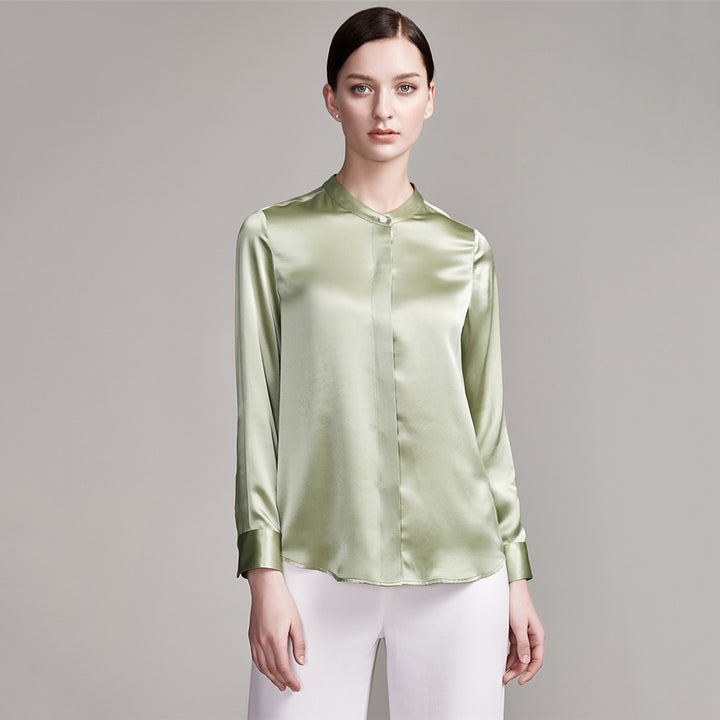 22 Momme Mandarin Collar Long Sleeve Silk Blouse with Hidden Placket