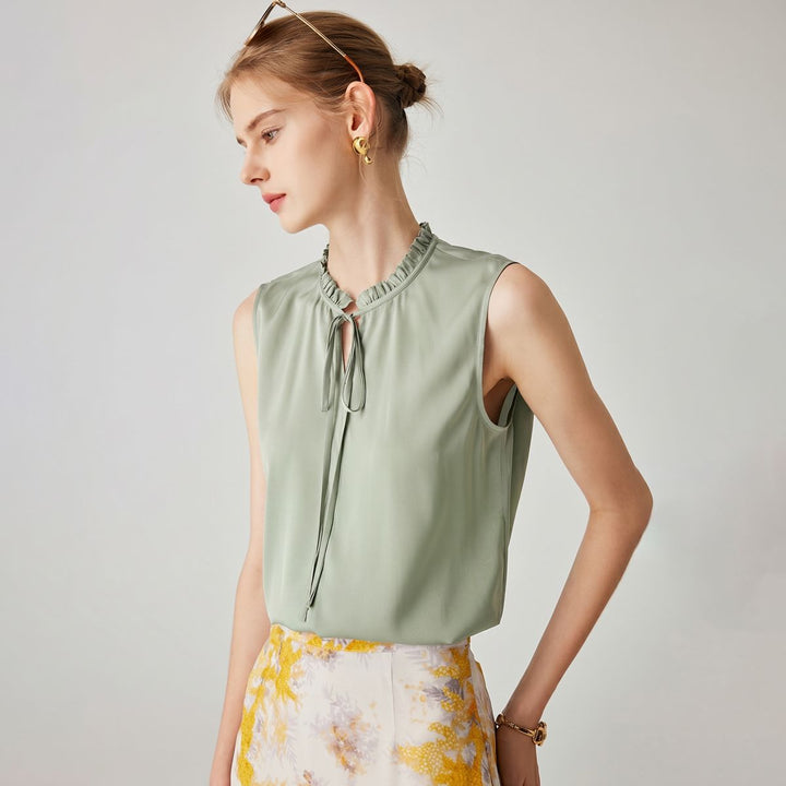22 Momme Women’s Stand Collar Sleeveless Tie-Neck Silk Shirt