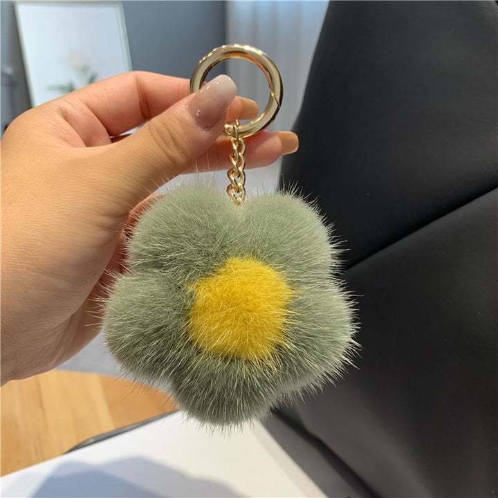 Cute Real Mink Fur Flower Car Keychain Fluffy Pom-Pom Luxury Bag Charm