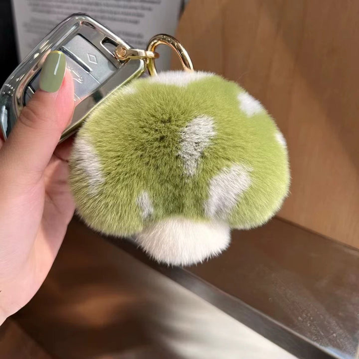 Cute Real Rex Rabbit Fur Mushroom Plush Keychain with White Polka Dots