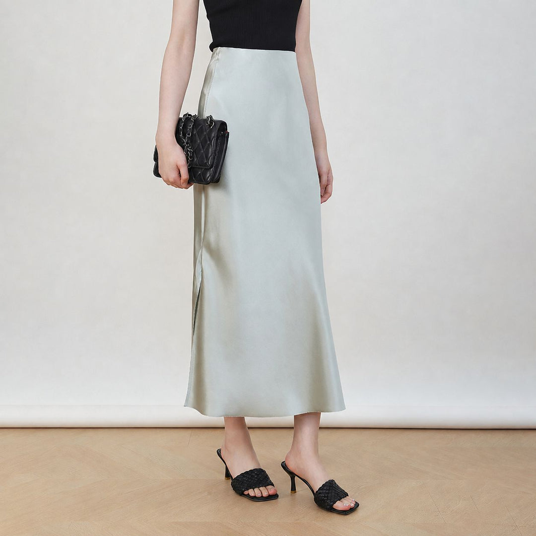 22 Momme Mulberry Charmeuse Silk Midi Skirt with Side Slit
