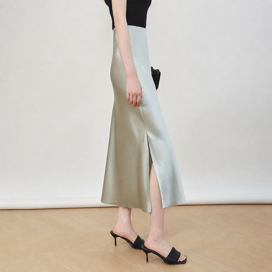 22 Momme Mulberry Charmeuse Silk Midi Skirt with Side Slit