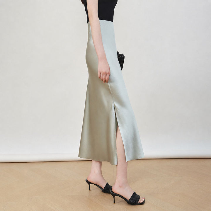 22 Momme Mulberry Charmeuse Silk Midi Skirt with Side Slit