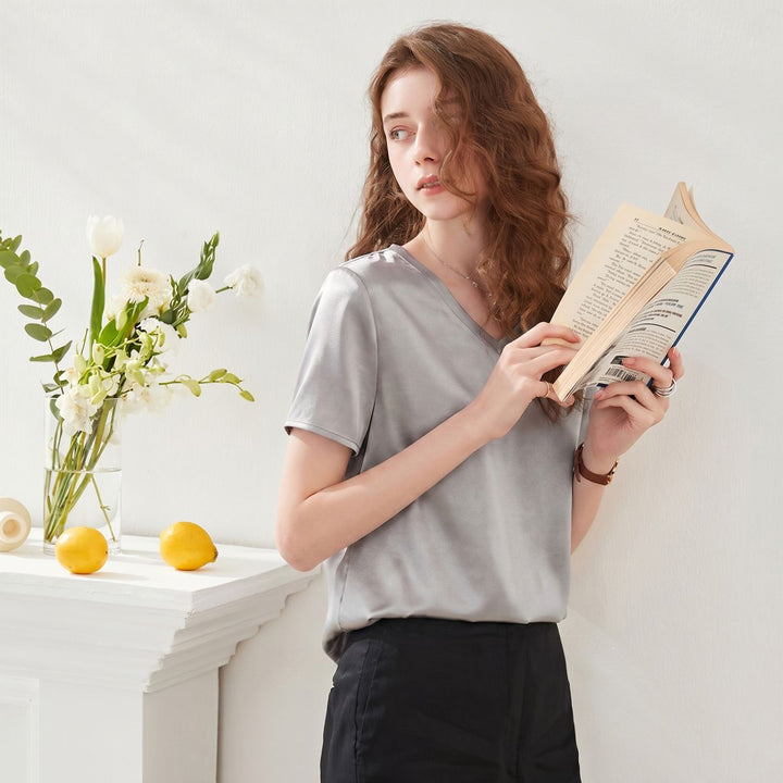 22 Momme Basic V-Neck Pure Mulberry Silk Short Sleeve T-Shirt