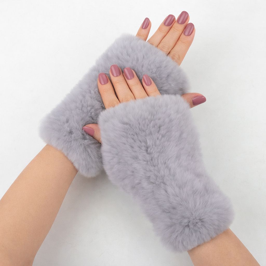 Women’s Real Rabbit Fur Fingerless Gloves Soft Plush Winter Knitted Mittens