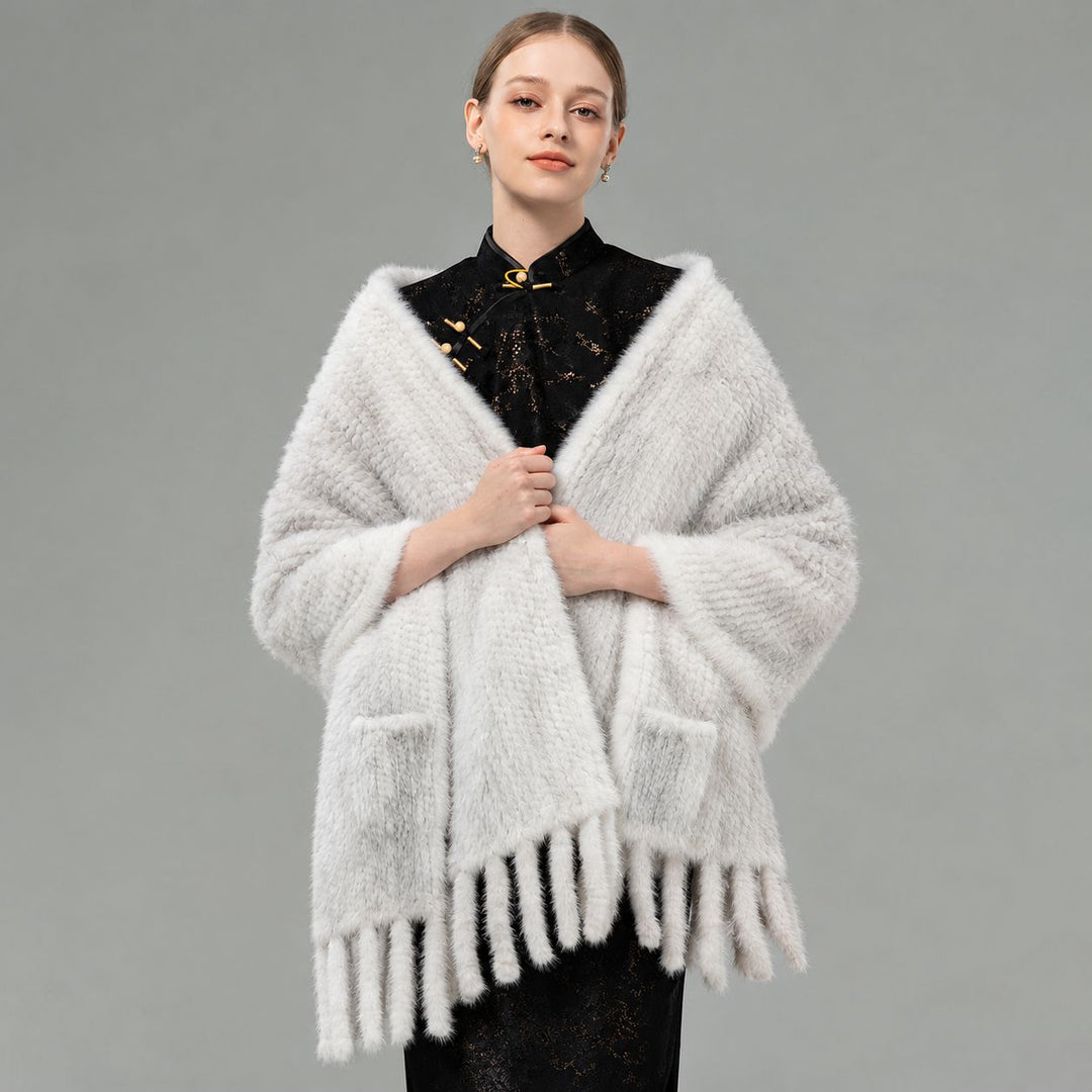 Genuine Mink Fur Shawl Wrap Elegant Fur Stole Cape Scarf with Fringe