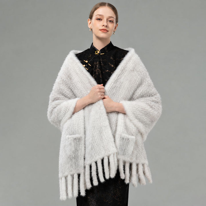 Genuine Mink Fur Shawl Wrap Elegant Fur Stole Cape Scarf with Fringe