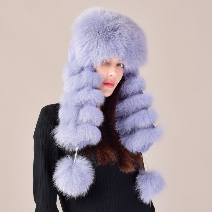 Large Fox Fur Trapper Hat Women's Winter Cold Weather Warm Pom-Pom Fur Hat