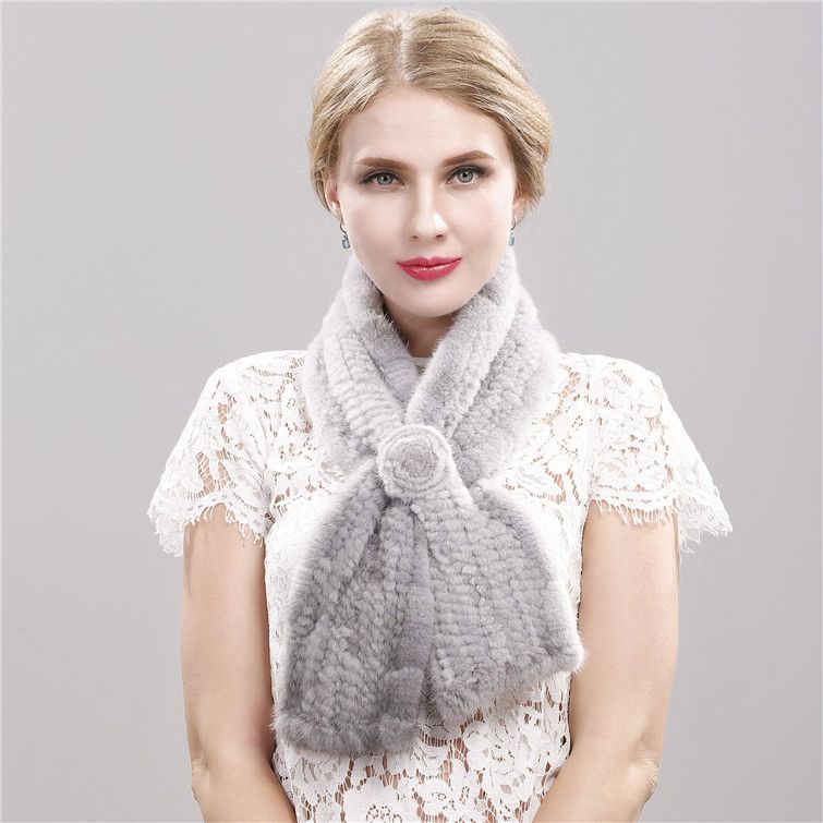 Luxury Real Mink Fur Scarf for Women Elegant Mink Fur Knitted Bow Flower Cross Neck Scarf