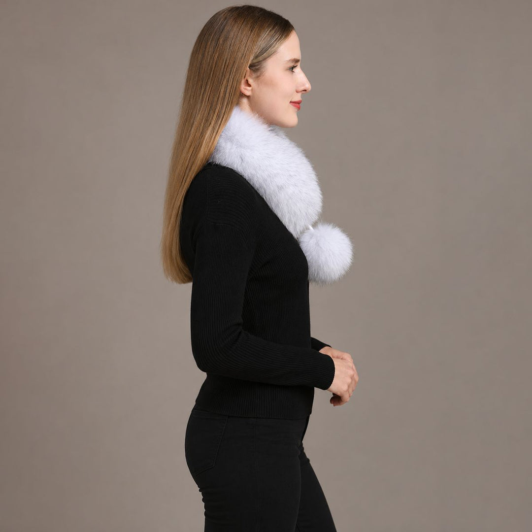 Women’s Real Fox Fur Scarf with Pom-Pom Genuine Fur Collar Neck Warmer