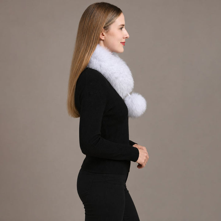 Women’s Real Fox Fur Scarf with Pom-Pom Genuine Fur Collar Neck Warmer
