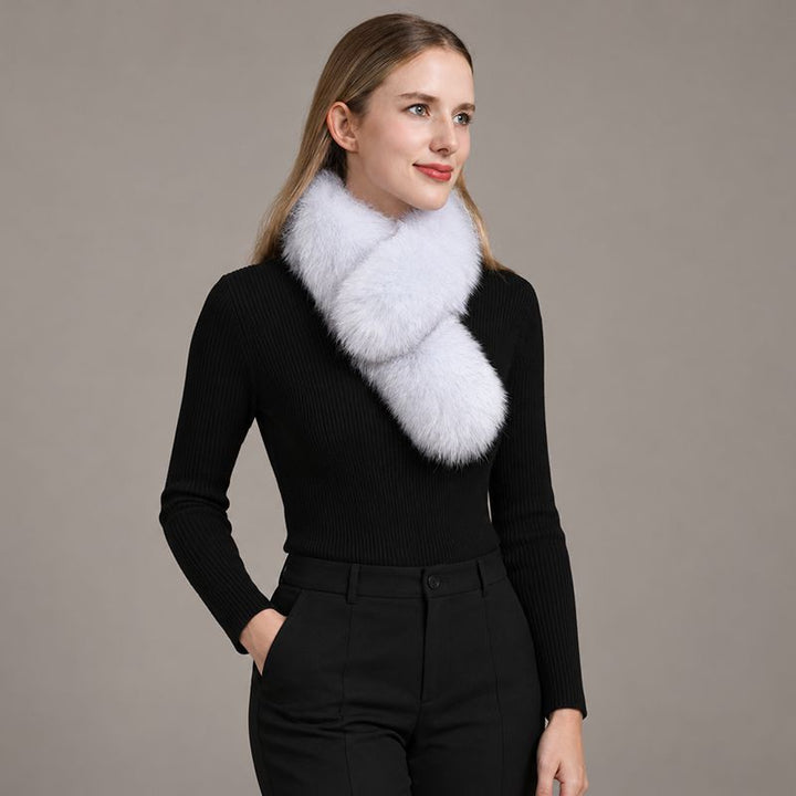 Women’s Real Fox Fur Cross-Over Scarf Genuine Plush Winter Fur Neck Warmer Collar