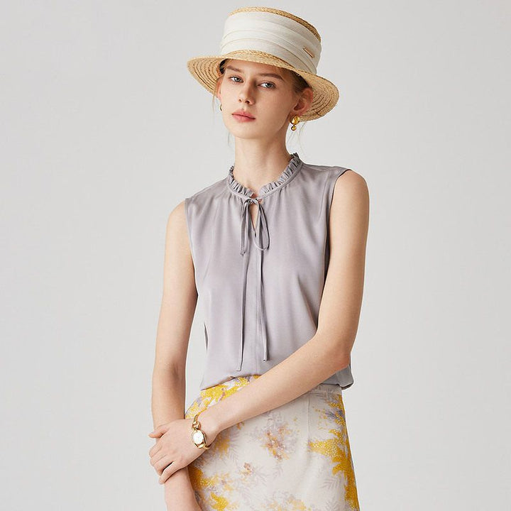 22 Momme Women’s Stand Collar Sleeveless Tie-Neck Silk Shirt