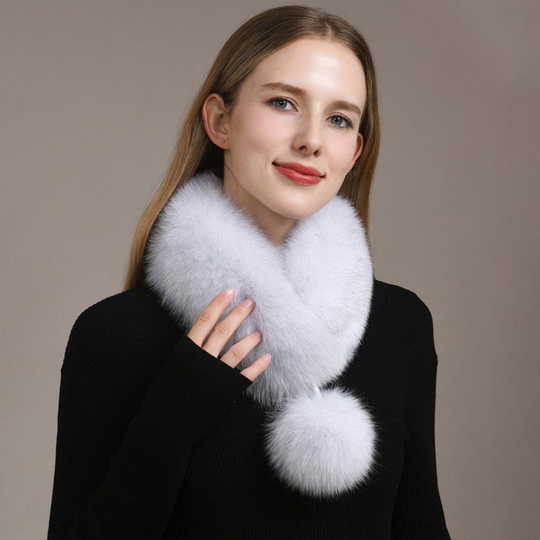 Women’s Real Fox Fur Scarf with Pom-Pom Genuine Fur Collar Neck Warmer
