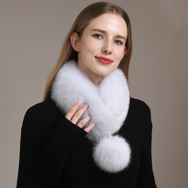 Women’s Real Fox Fur Scarf with Pom-Pom Genuine Fur Collar Neck Warmer