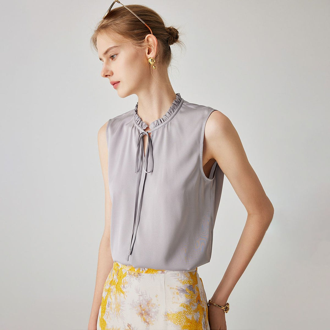 22 Momme Women’s Stand Collar Sleeveless Tie-Neck Silk Shirt