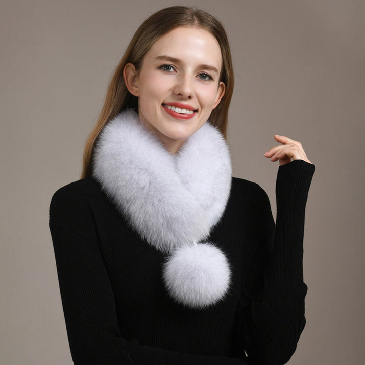 Women’s Real Fox Fur Scarf with Pom-Pom Genuine Fur Collar Neck Warmer