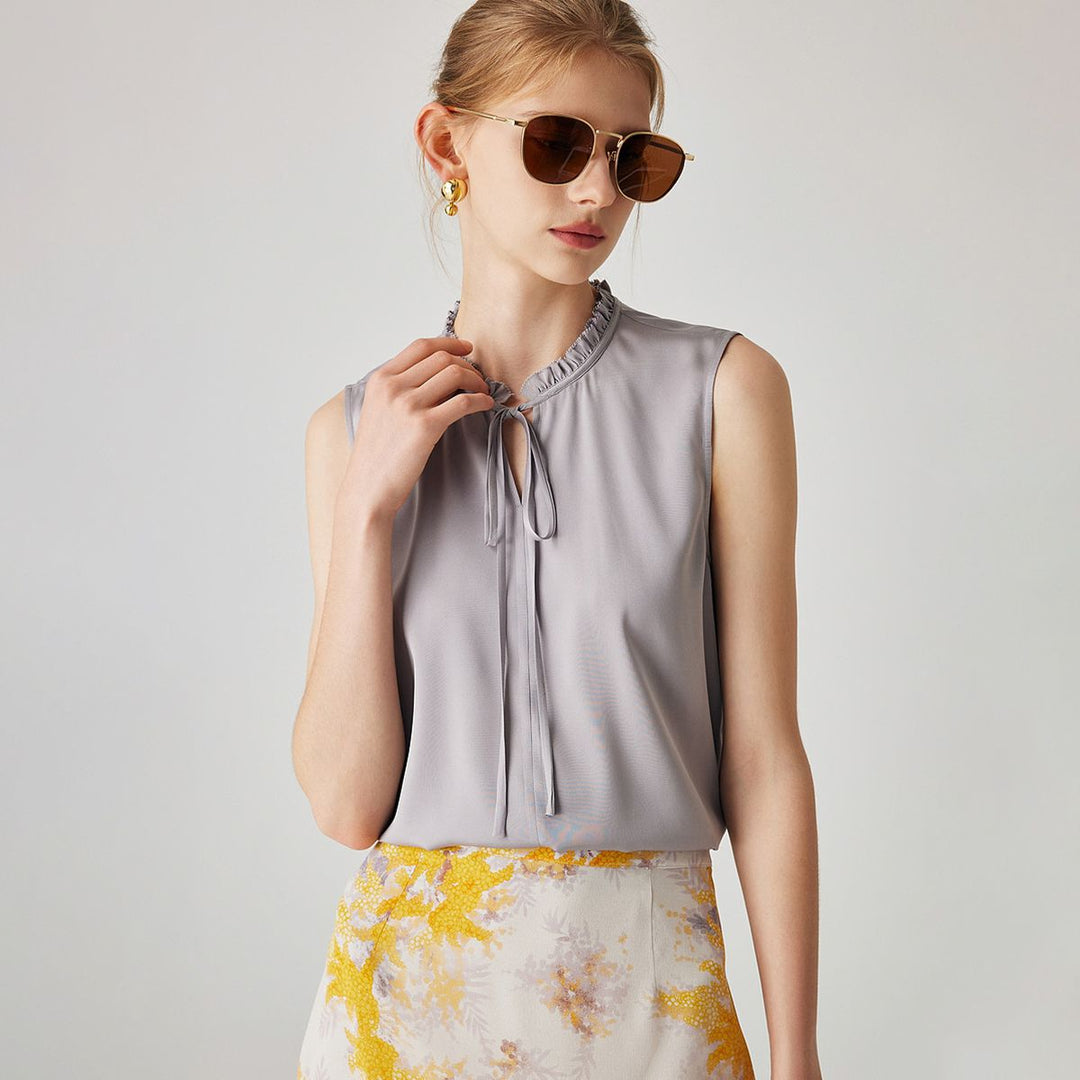 22 Momme Women’s Stand Collar Sleeveless Tie-Neck Silk Shirt