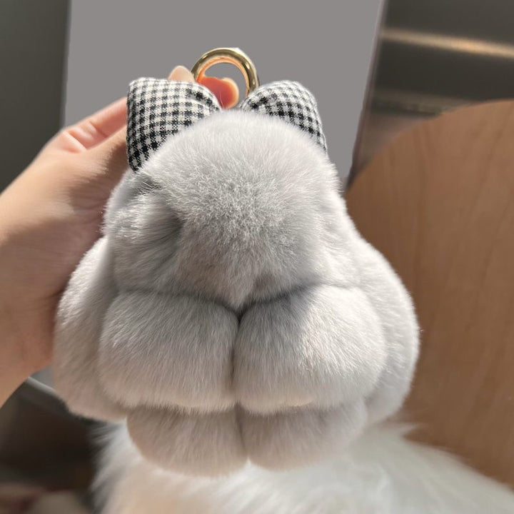 Real Rex Rabbit Fur Bunny Keychain Ultra-Soft Lop Eared Rabbit Key Ring with Bow