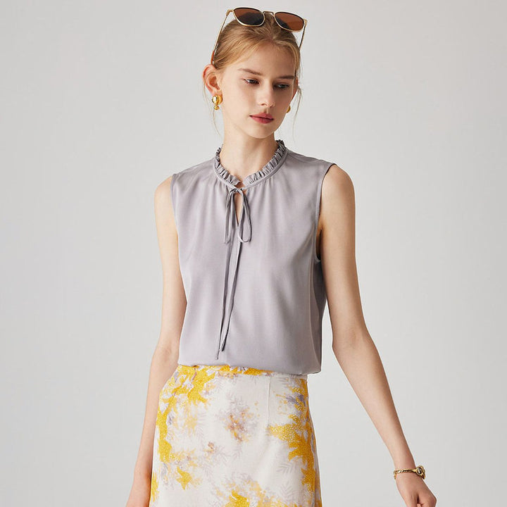 22 Momme Women’s Stand Collar Sleeveless Tie-Neck Silk Shirt