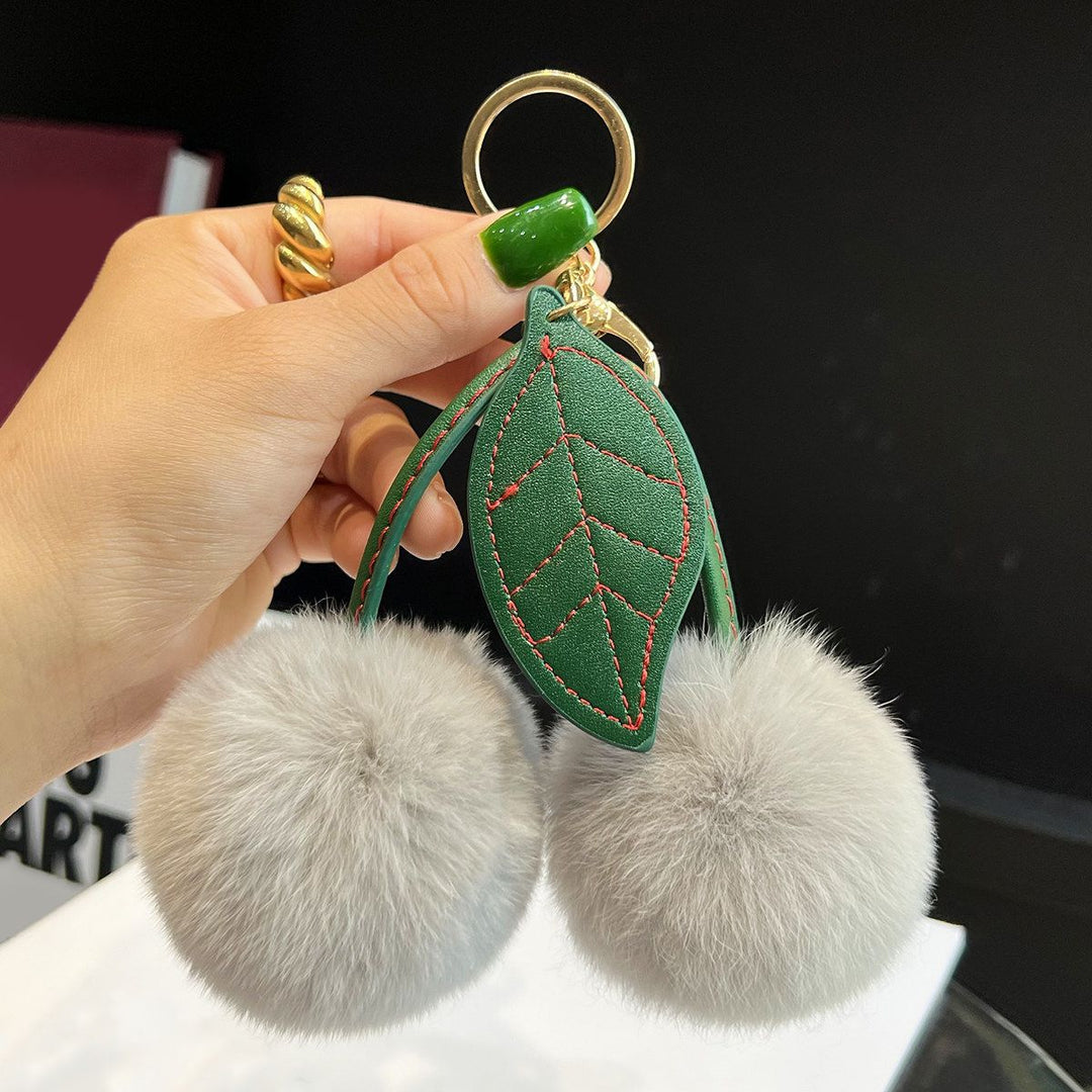 Rabbit Fur Cherry Keychain Cute Pom Pom Plush Bag Car Charm