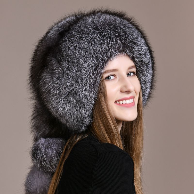 Luxury Genuine Fox Fur Hat for Women Full-Pelt Furry Fluffy Fuzzy Tail Outdoor Cold Weather Hat with Pom-Poms