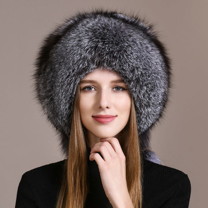 Luxury Genuine Fox Fur Hat for Women Full-Pelt Furry Fluffy Fuzzy Tail Outdoor Cold Weather Hat with Pom-Poms