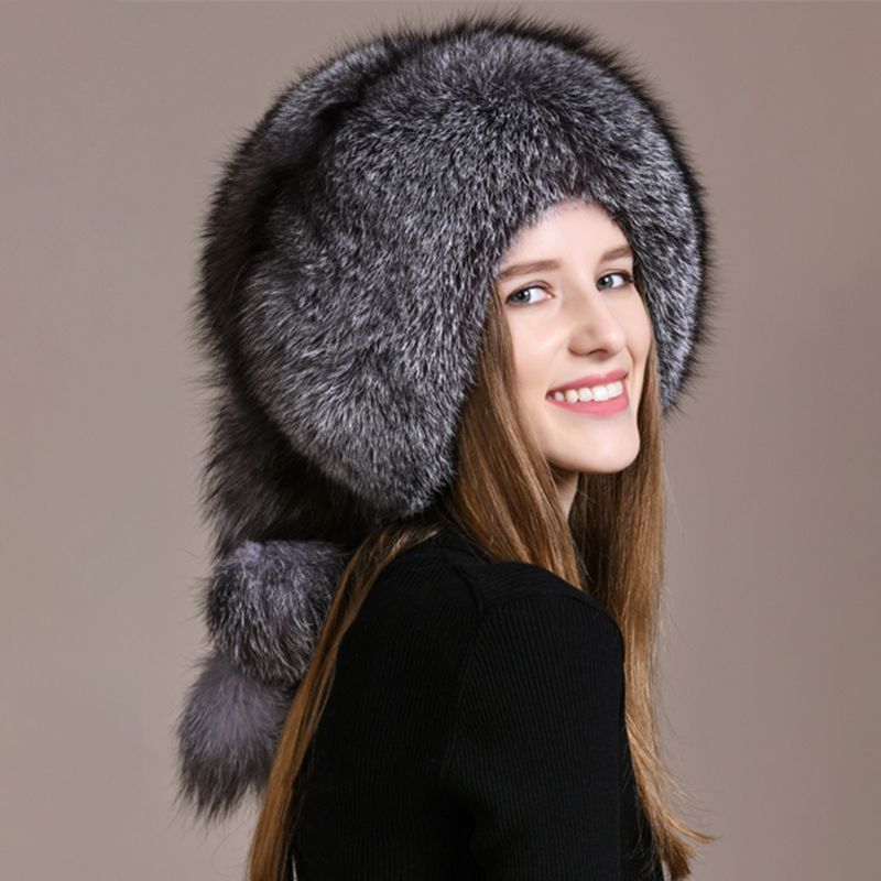 Luxury Genuine Fox Fur Hat for Women Full-Pelt Furry Fluffy Fuzzy Tail Outdoor Cold Weather Hat with Pom-Poms