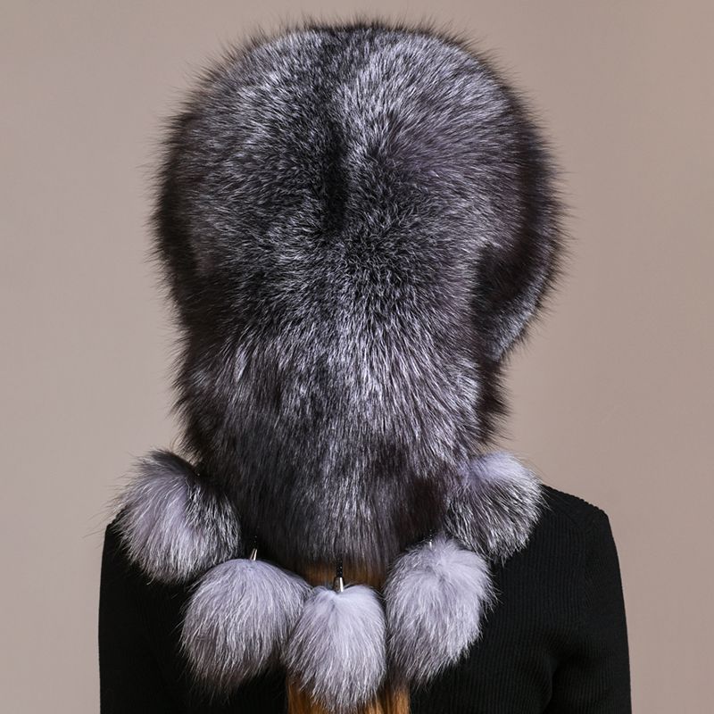 Luxury Genuine Fox Fur Hat for Women Full-Pelt Furry Fluffy Fuzzy Tail Outdoor Cold Weather Hat with Pom-Poms