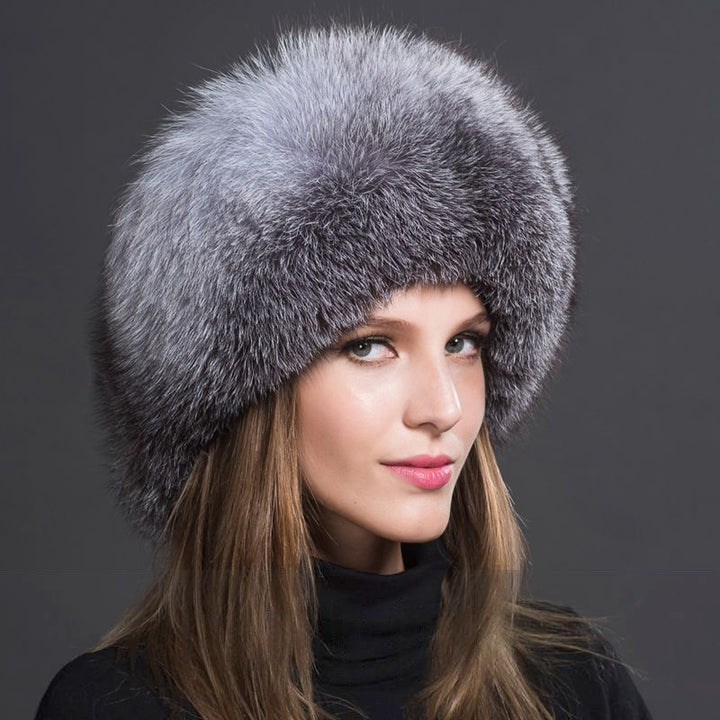 Women's Winter Fox Fur Roller Hat Sheepskin Pom Pom Fur Round Hat