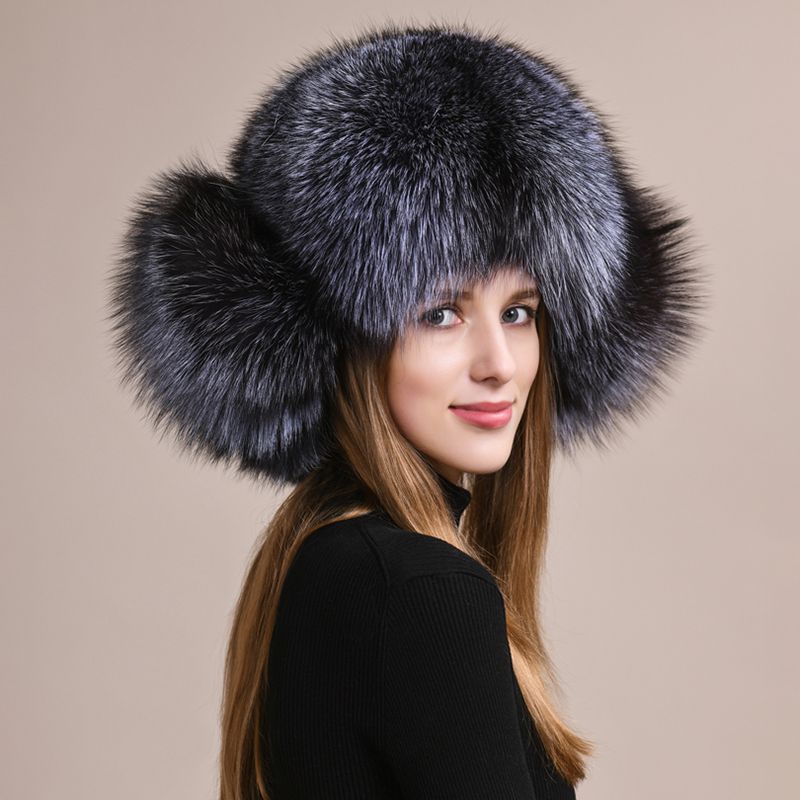 Luxury Genuine Fox Fur Trapper Hat Full Pelt Winter Pom Pom Hat Cold Wether Ushanka for Women
