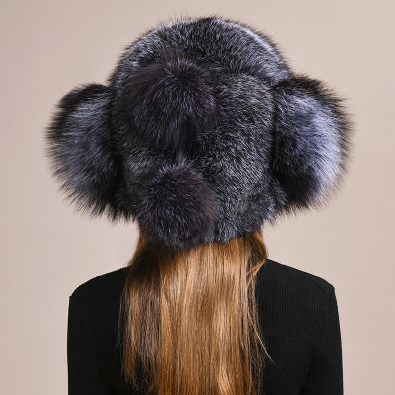 Luxury Genuine Fox Fur Trapper Hat Full Pelt Winter Pom Pom Hat Cold Wether Ushanka for Women