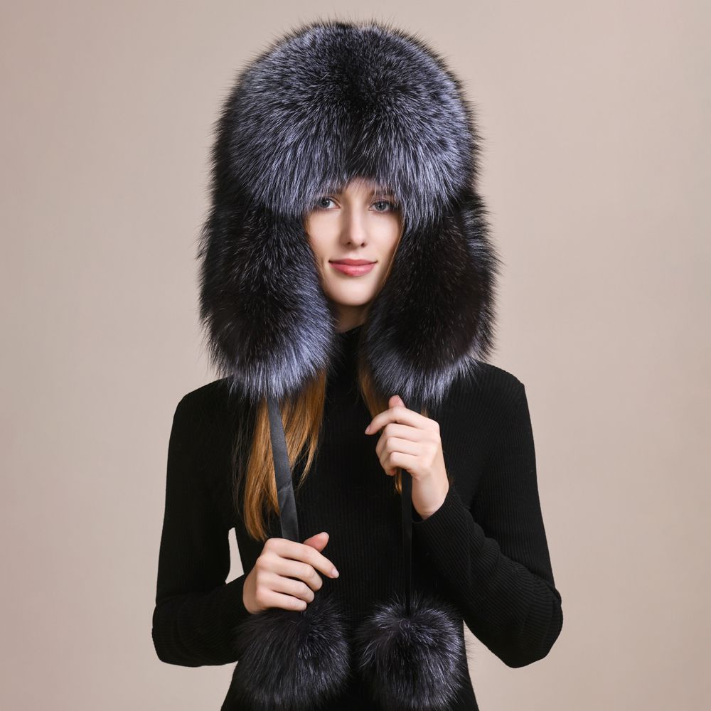 Luxury Genuine Fox Fur Trapper Hat Full Pelt Winter Pom Pom Hat Cold Wether Ushanka for Women