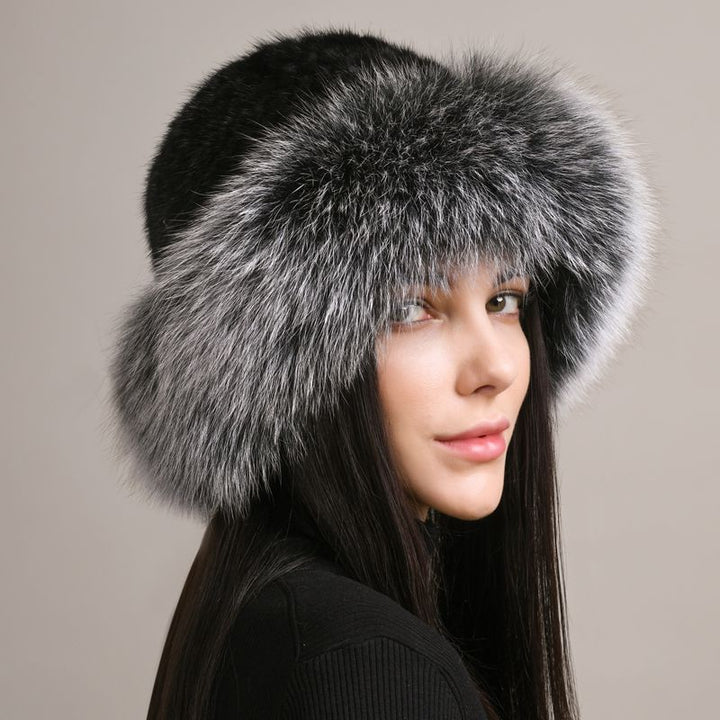 Luxury Mink Fur Hat for Women Full Fox Fur Brim Winter Bucket Hat