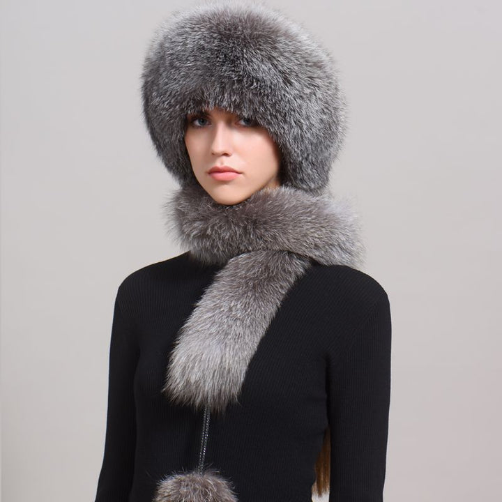 Luxury Winter Fox Fur Trapper Hat Women Pom Pom Fur Ushanka with Tail Scarf