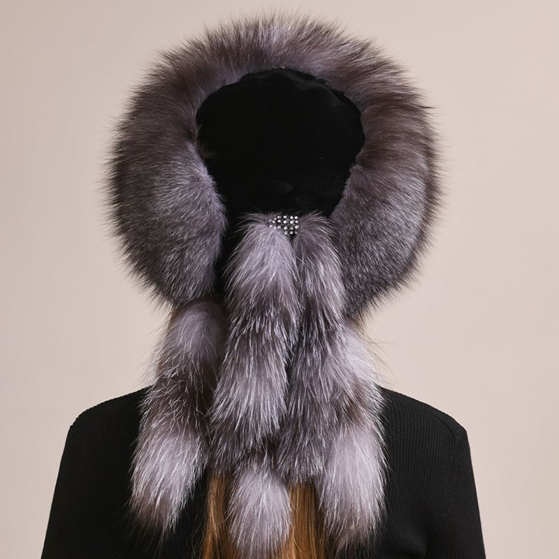 Soft Real Fox Fur Hat with Elegant Tails Women's Winter Fashion Cozy Full-Pelt Fur Beanie for Cold Weather
