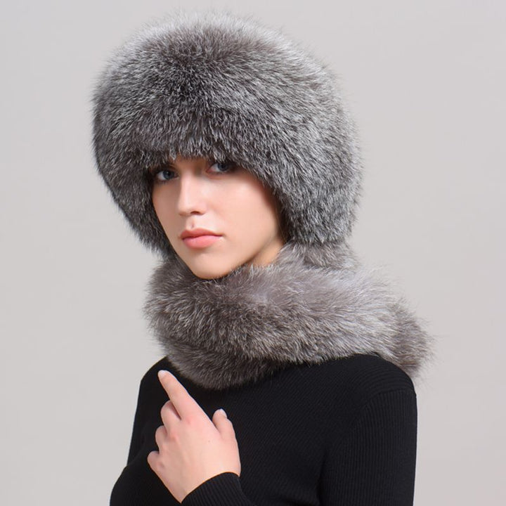 Luxury Winter Fox Fur Trapper Hat Women Pom Pom Fur Ushanka with Tail Scarf