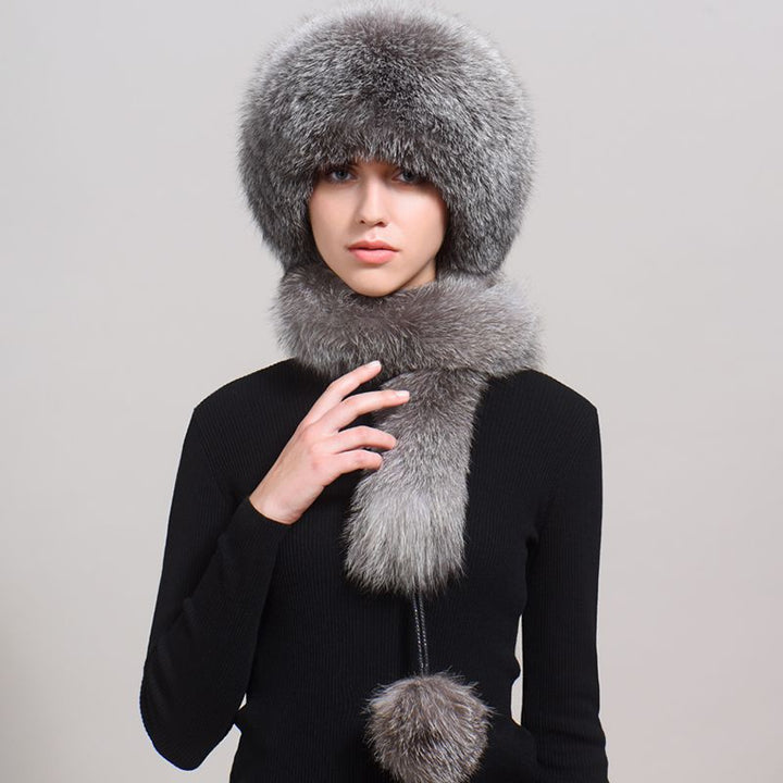 Luxury Winter Fox Fur Trapper Hat Women Pom Pom Fur Ushanka with Tail Scarf