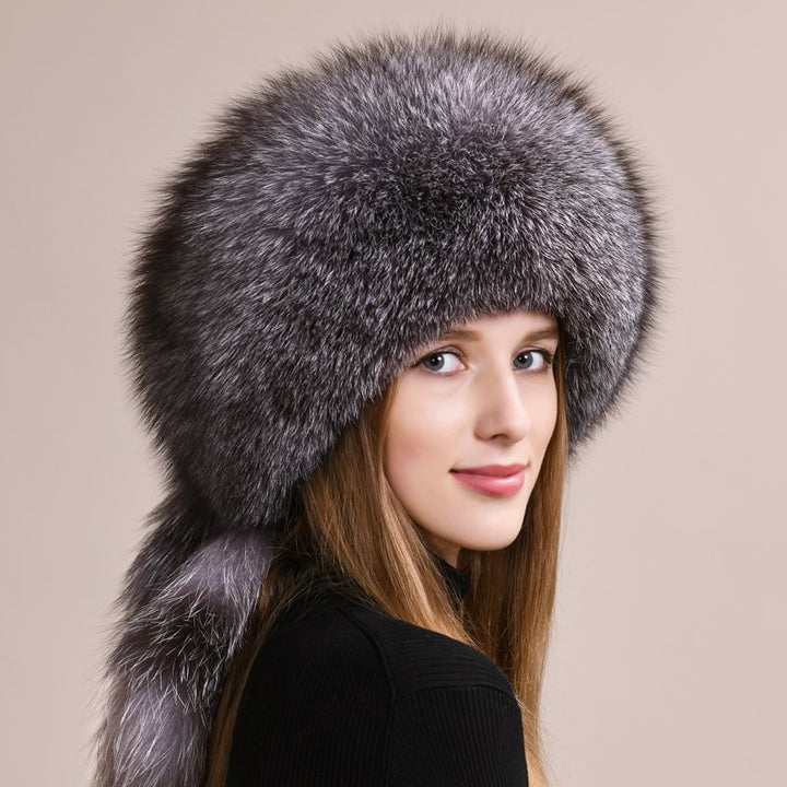 Soft Real Fox Fur Hat with Elegant Tails Women's Winter Fashion Cozy Full-Pelt Fur Beanie for Cold Weather