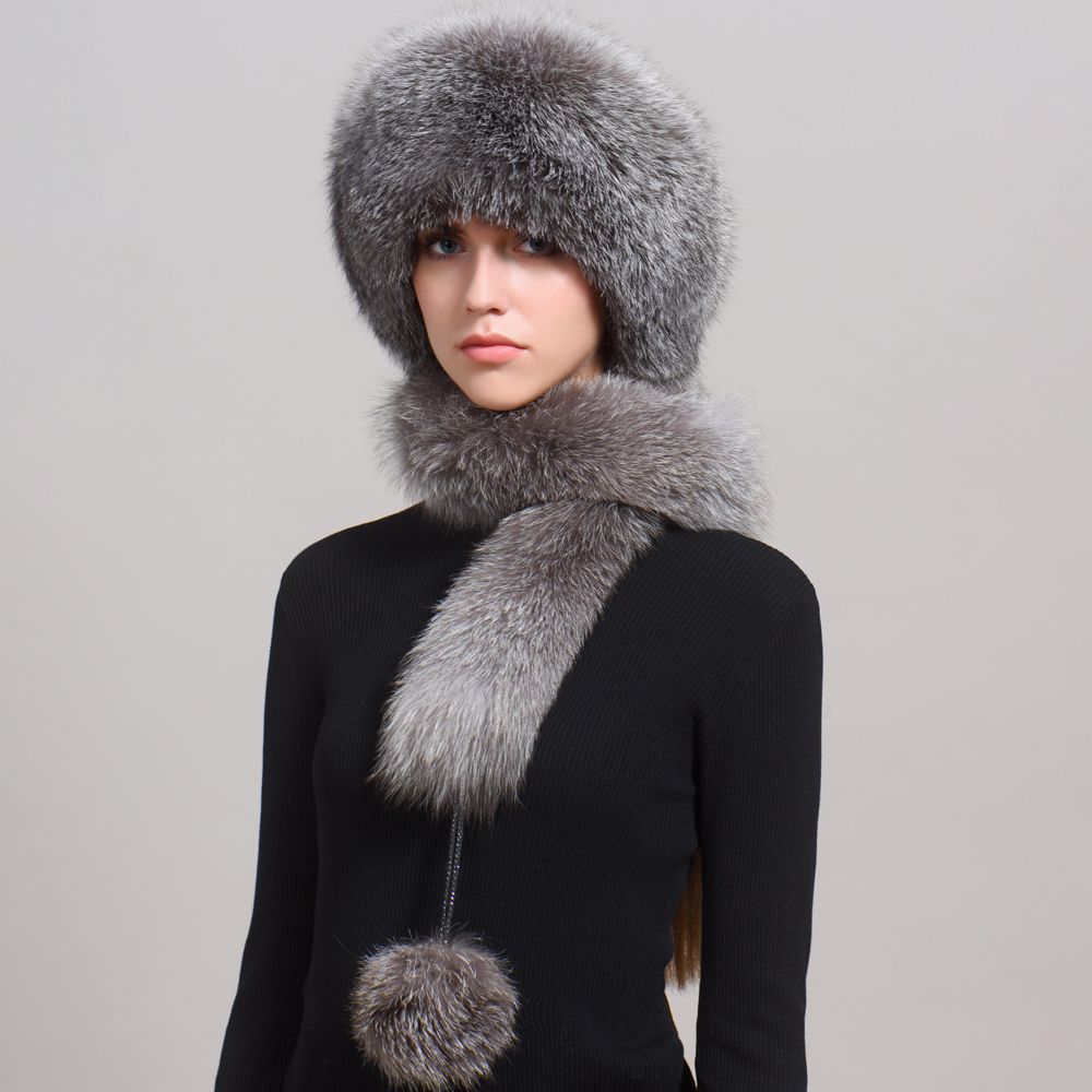 Luxury Winter Fox Fur Trapper Hat Women Pom Pom Fur Ushanka with Tail Scarf