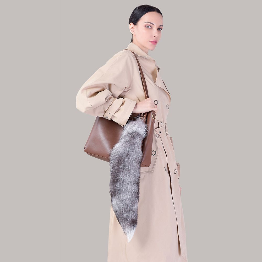Natural Color Real Fox Fur Tail Keychain Oversized Fluffy Plush Bag Charm