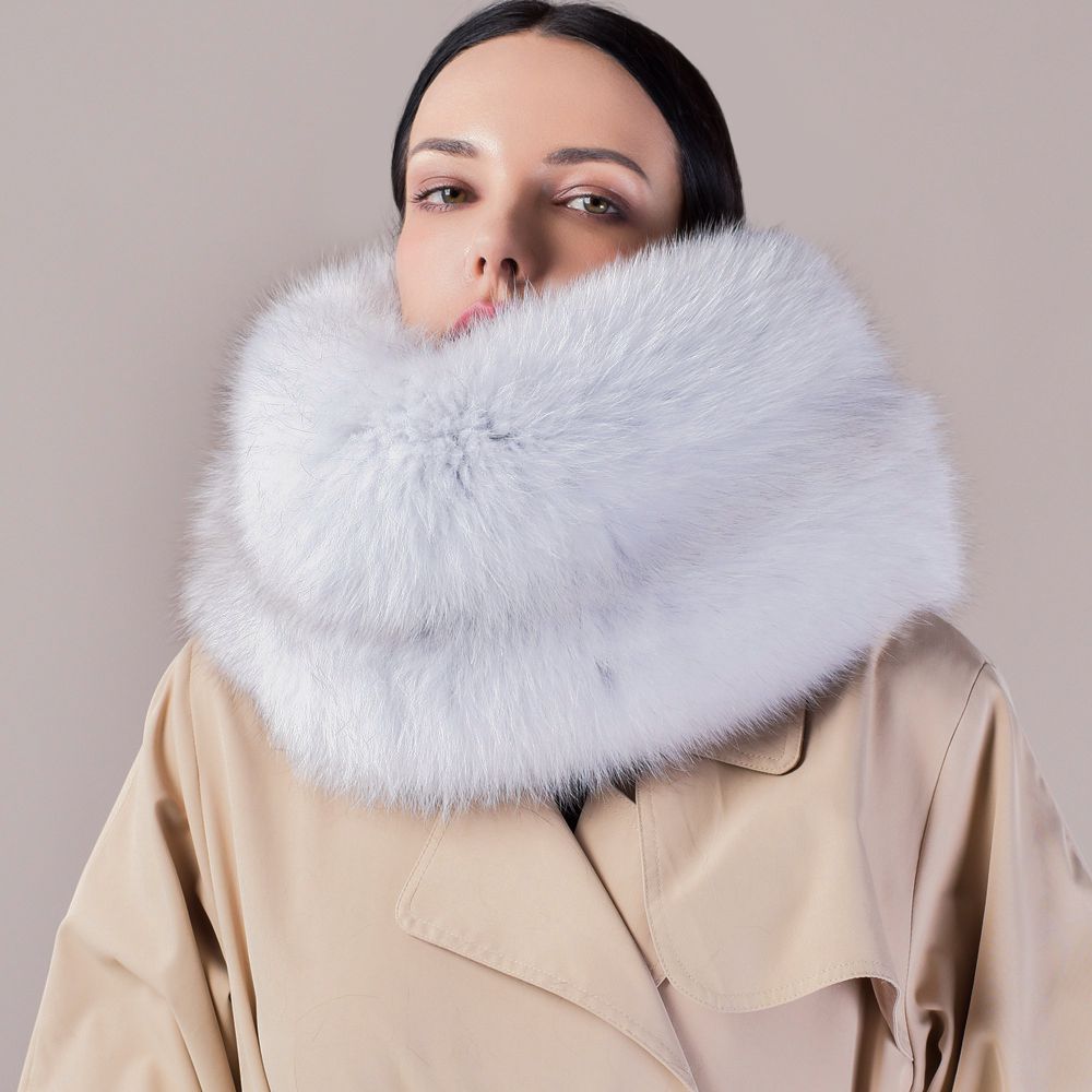 Luxury Real Silver Fox Fur Scarf Collar Oversized Fluffy Natural Fur Neck Warmer Wrap for Women