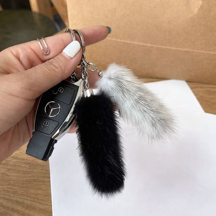 Real Mink Fur Mini Tail Car Keychain for Men and Women Simple Fluffy Bag Charm