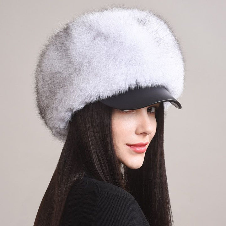 Luxury Real Fox Fur Hat with Leather Visor Elegant Winter Fur Cap for Women