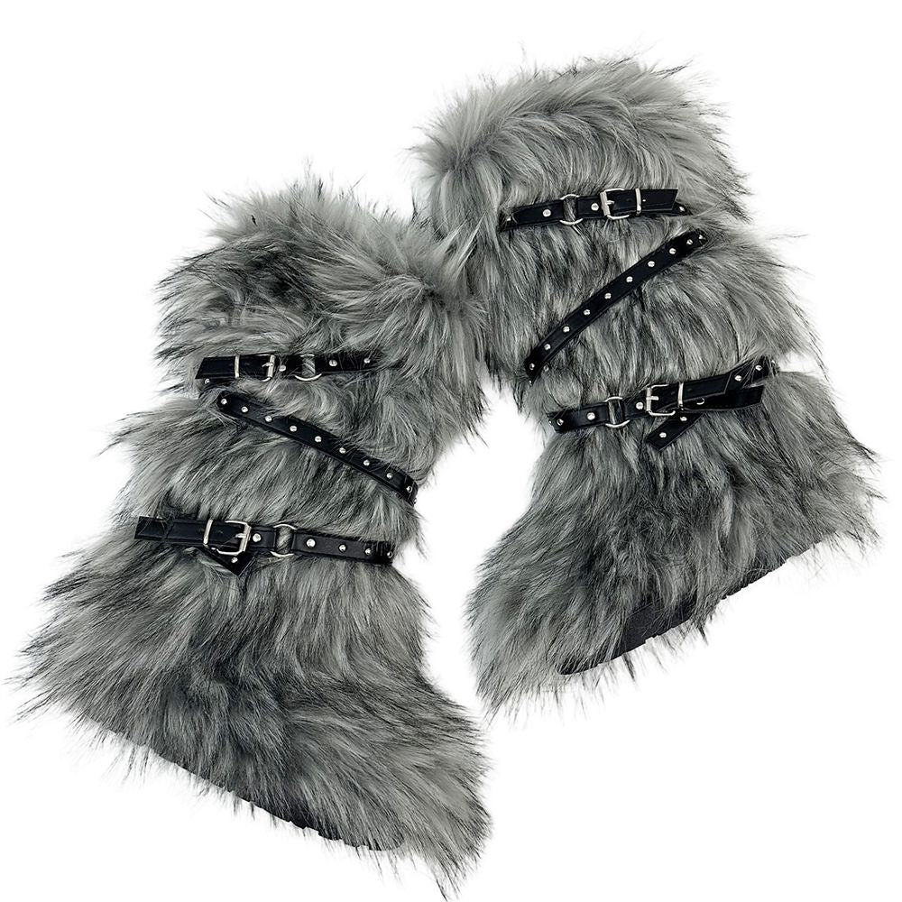 Womens Faux Fur Boot Winter Fluffy Long Furry Boots for Girls Outdoor Fuzzy Knee-High Sexy Snow Boots with Cross Straps and Buckle
