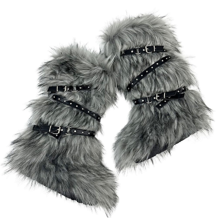 Womens Faux Fur Boot Winter Fluffy Long Furry Boots for Girls Outdoor Fuzzy Knee-High Sexy Snow Boots with Cross Straps and Buckle